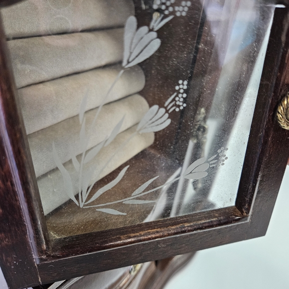 VINTAGE Wood Armoire Jewelry Box Double Etched Flower Glass Doors - Picture 10 of 11